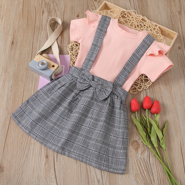 

Toddler Girls Rib-knit Ruffle Trim Tee With Plaid Print Pinafore Skirt, Multicolor