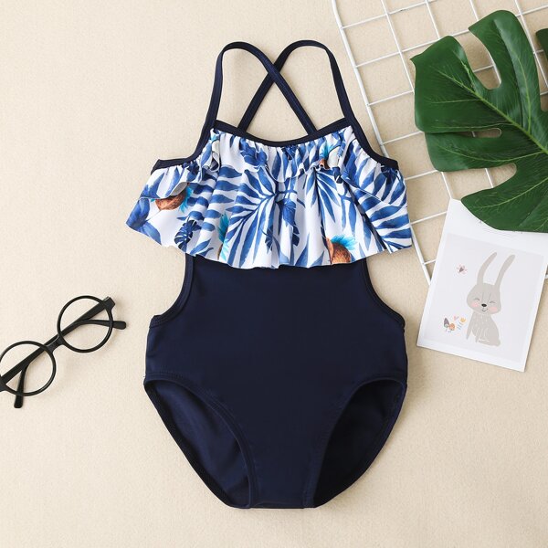 

Toddler Girls Plant Print Ruffle One Piece Swimsuit, Multicolor