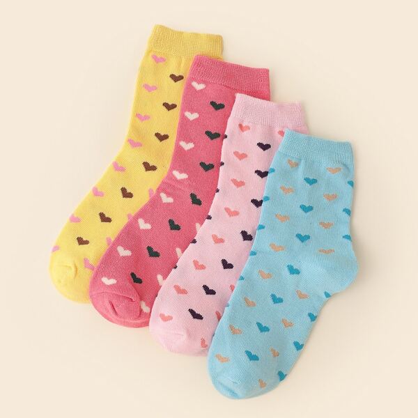 

4pairs Heart Print Crew Socks, Multicolor