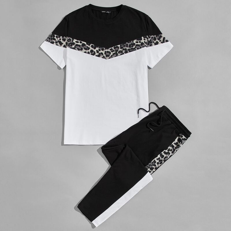 

Guys Leopard Print Colorblock Tee & Drawstring Joggers Set, Black and white