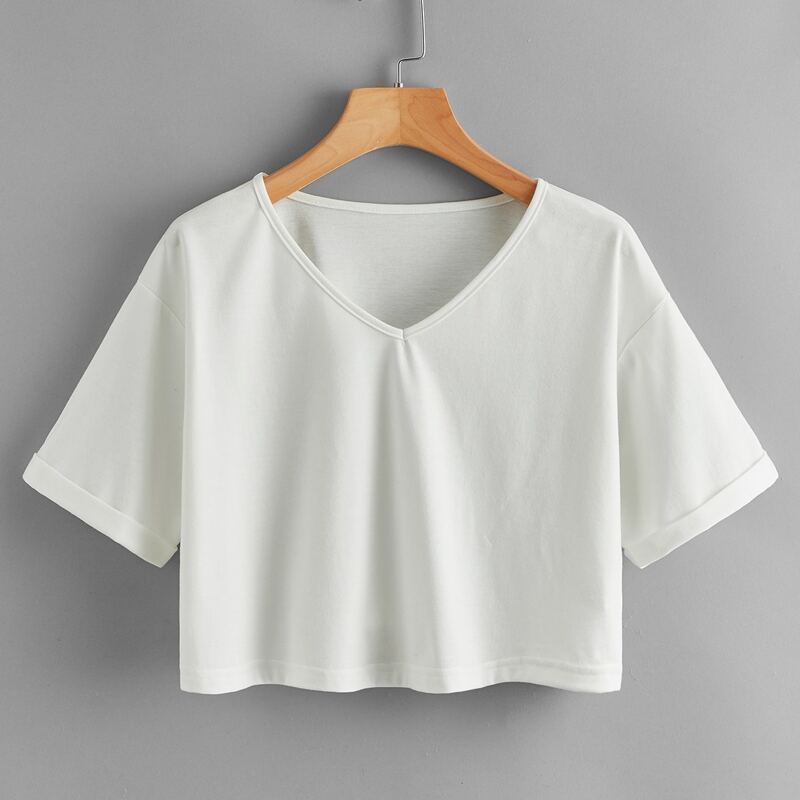 

V Neck Crop Tee, White