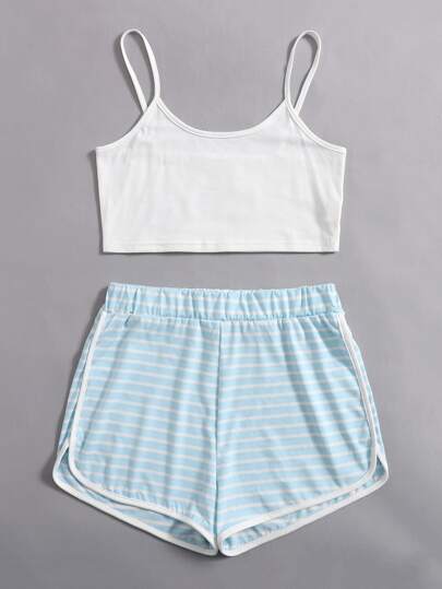 Einfarbiges Crop Cami Top & Delphin Shorts mit Streifen