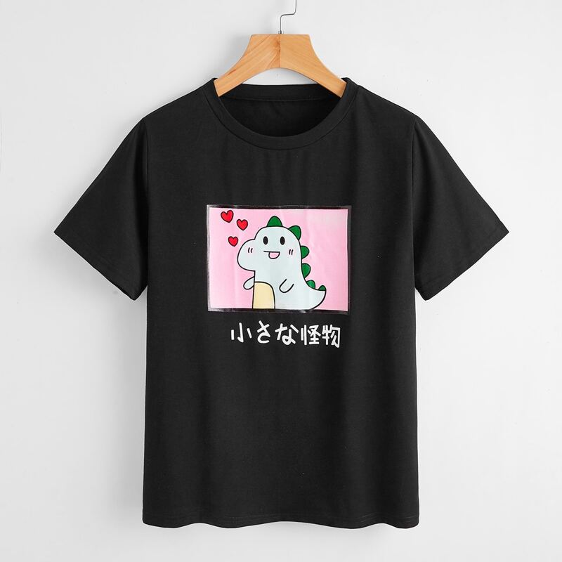 

Cartoon Dinosaur Print Tee, Black