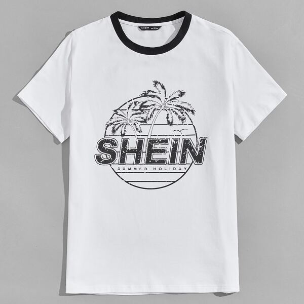 

Men Letter & Tropical Print Tee, White