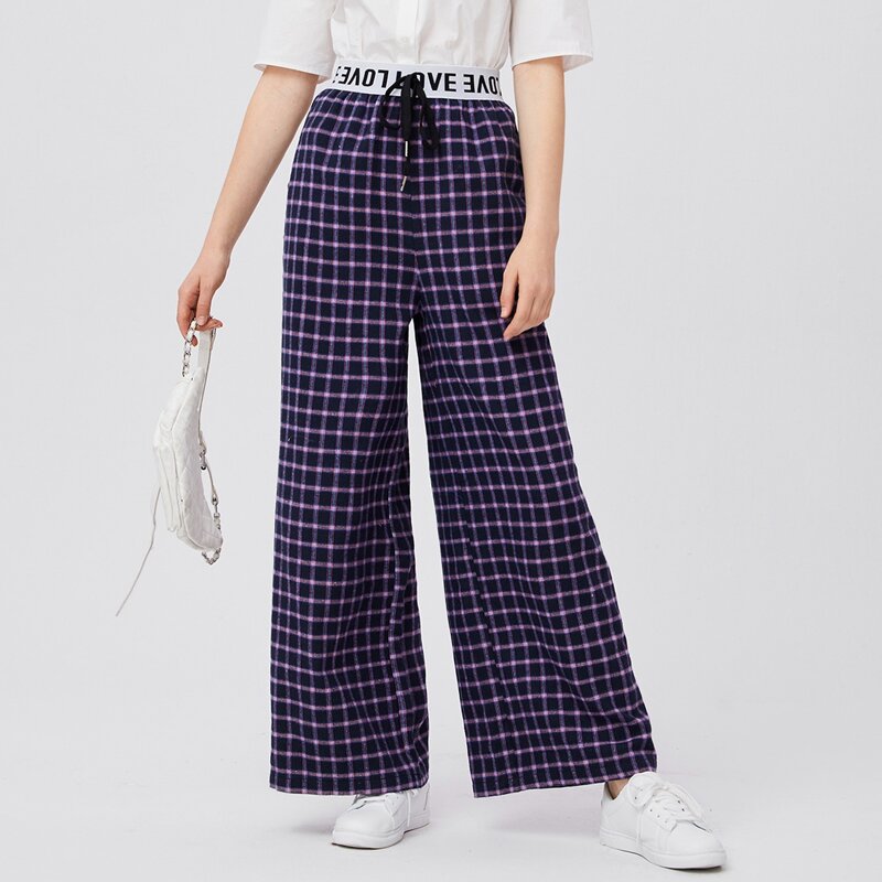 

Letter Graphic Waist Tie Front Plaid Wide Leg Pants, Multicolor