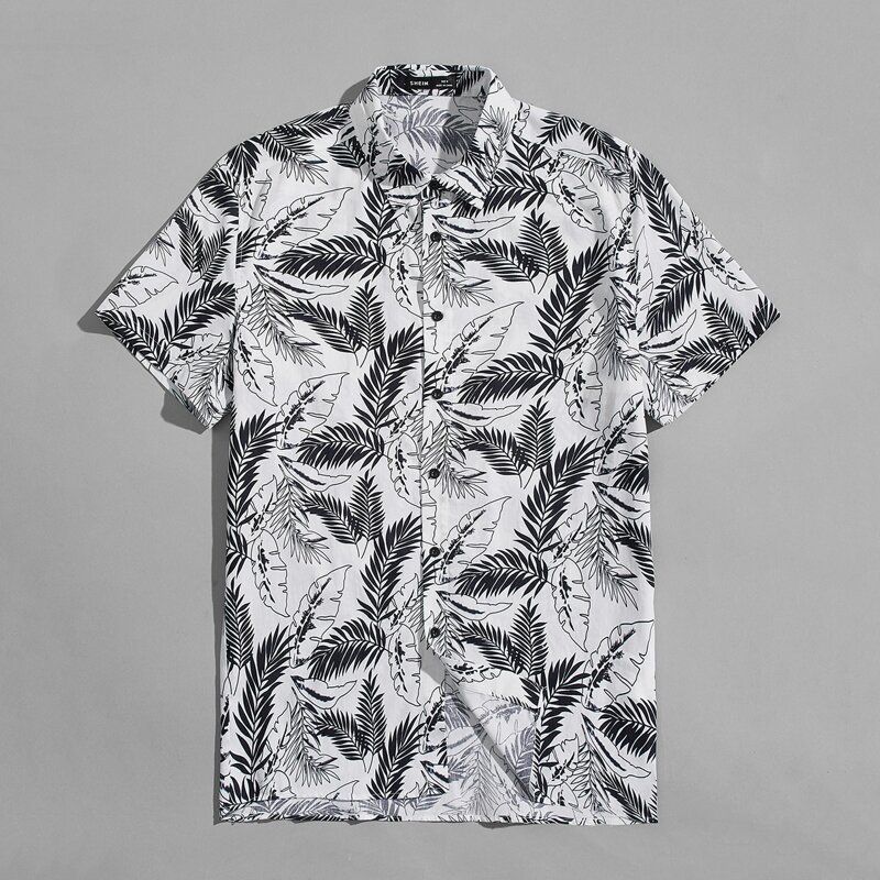 

Guys Button Front Tropical Print Shirt, Black and white