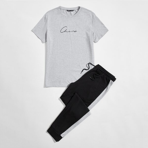 

Men Letter Graphic Tee & Stripe Side Drawstring Joggers Set, Multicolor