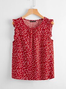 SHEIN LUNE All Over Heart Print Ruffle Sleeve Top - Red and White - View 1