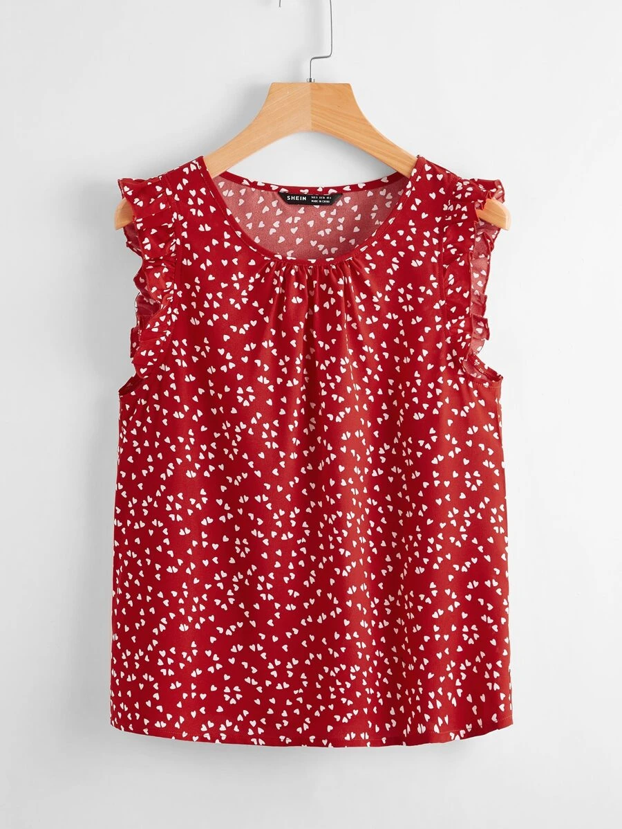 SHEIN LUNE All Over Heart Print Ruffle Sleeve Top - Red and White - View 1