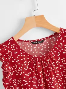 SHEIN LUNE All Over Heart Print Ruffle Sleeve Top - Red and White - View 3