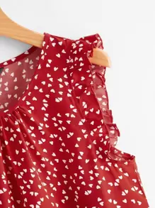 SHEIN LUNE All Over Heart Print Ruffle Sleeve Top - Red and White - View 4