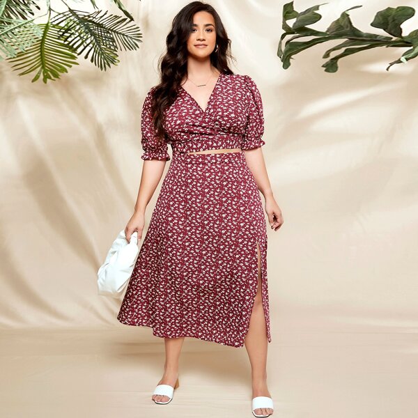 

Plus Ditsy Floral Print Wrap Tie Back Top & Skirt Set, Multicolor