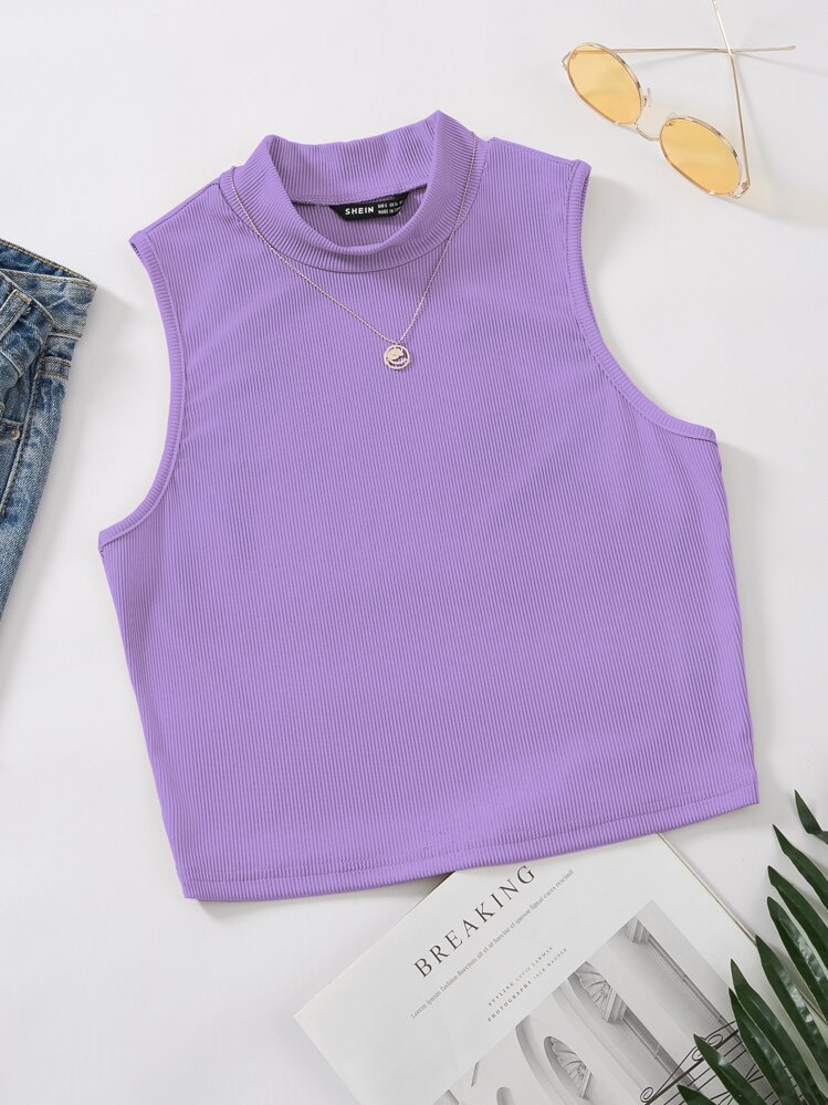 SHEIN Unity Mock Neck Rib-knit Tank Top - Lilac Purple - View 1