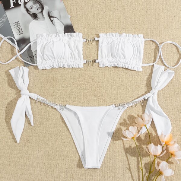 

Ruched Frill Bandeau Tie Side Bikini Swimsuit, White