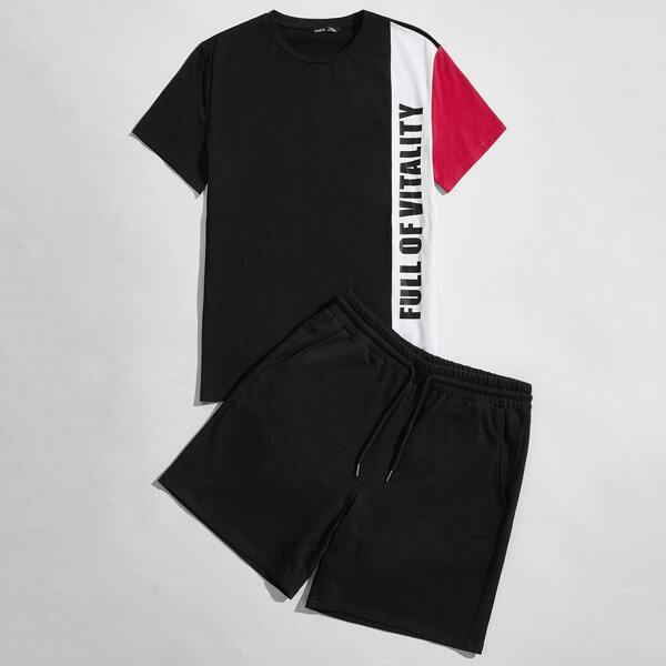 

Men Letter Graphic Colorblock Tee & Track Shorts Set, Black