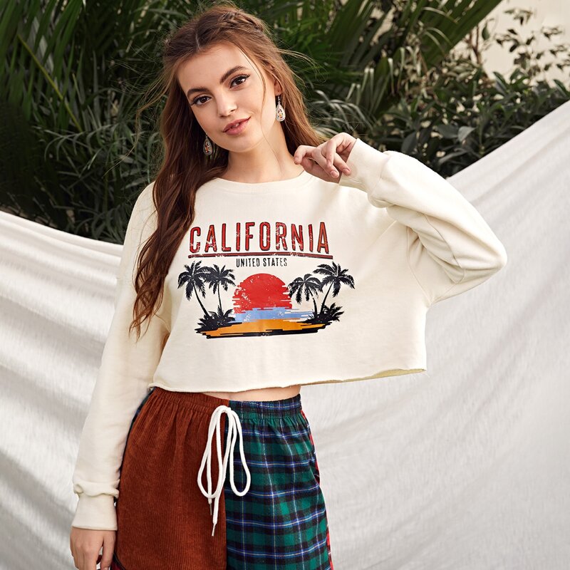 

Drop Shoulder Letter & Tree Print Pullover, Beige