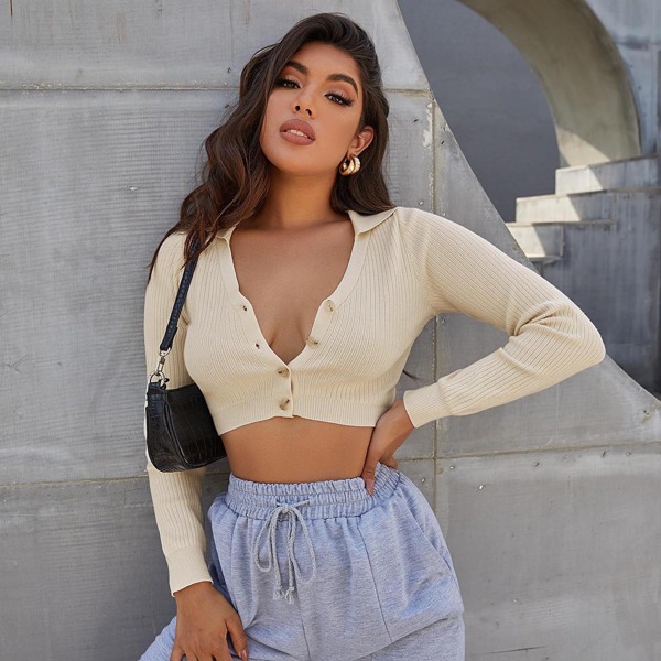 

V-neck Collared Crop Cardigan, Beige