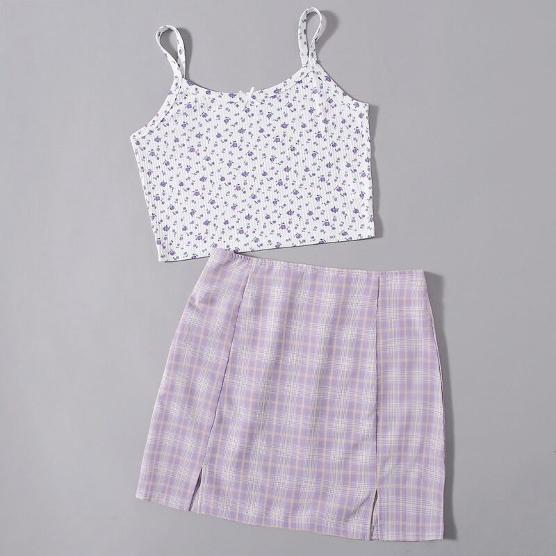 

Ditsy Floral Cami & Plaid Skirt, Multicolor