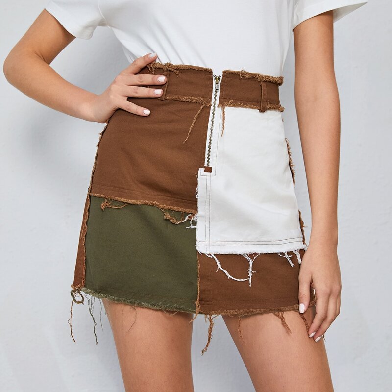 

Colorblock Frayed Trim Skirt, Multicolor