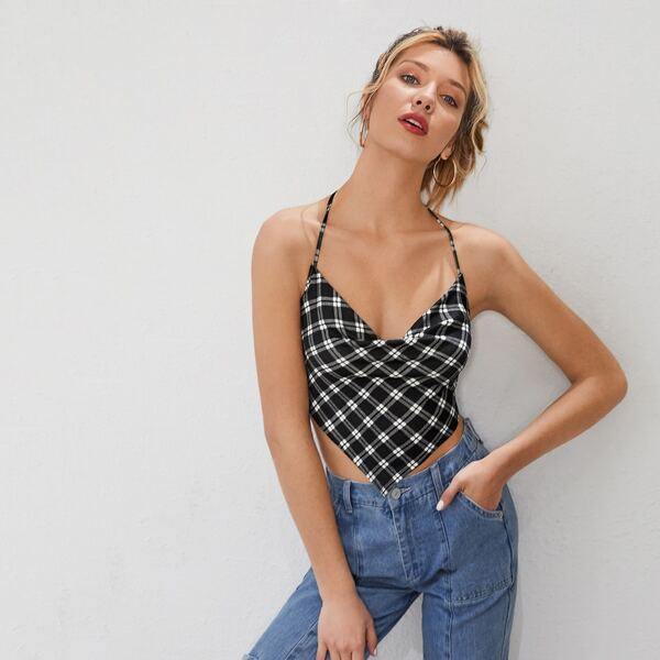 

Cowl Neck Plaid Bandana Cami Top, Black and white