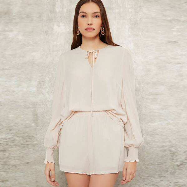 

Tie Neck Bishop Sleeve Top & Shorts Set, Beige