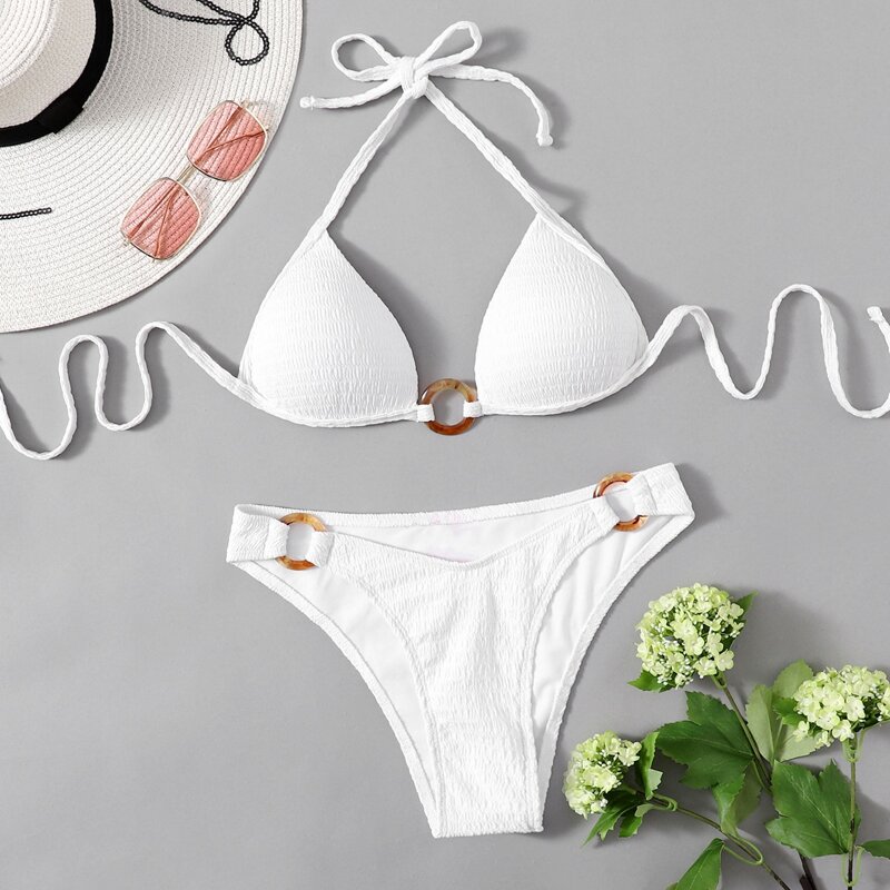

Solid Ring Bikini Swimsuit, White