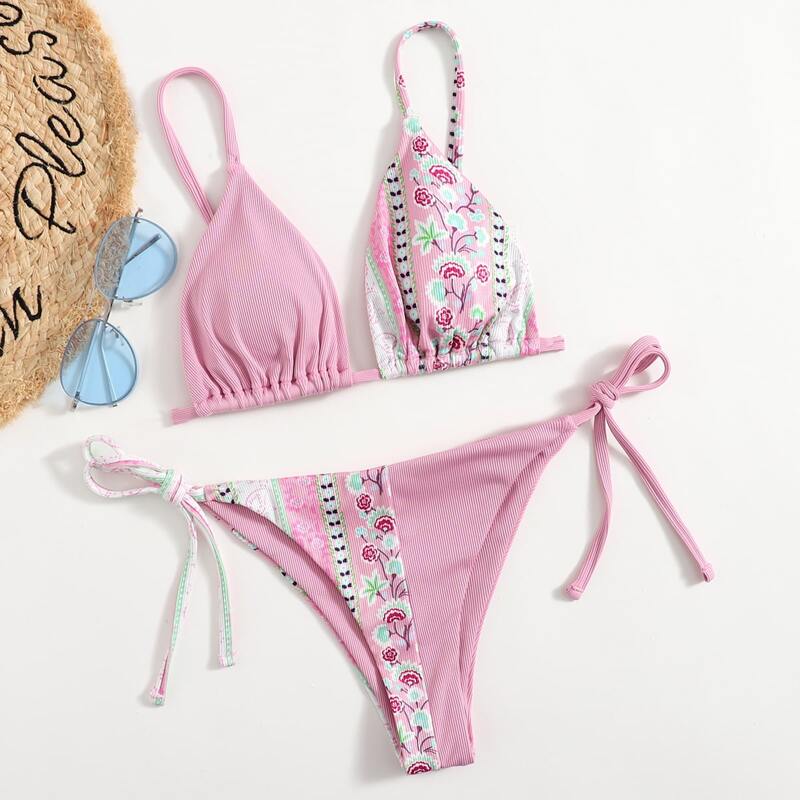 

Contrast Flower Tie Side Bikini Swimsuit, Multicolor