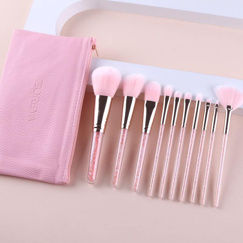 

10pcs Rhinestone Decor Handle Makeup Brush & 1pc Storage Bag, Pink
