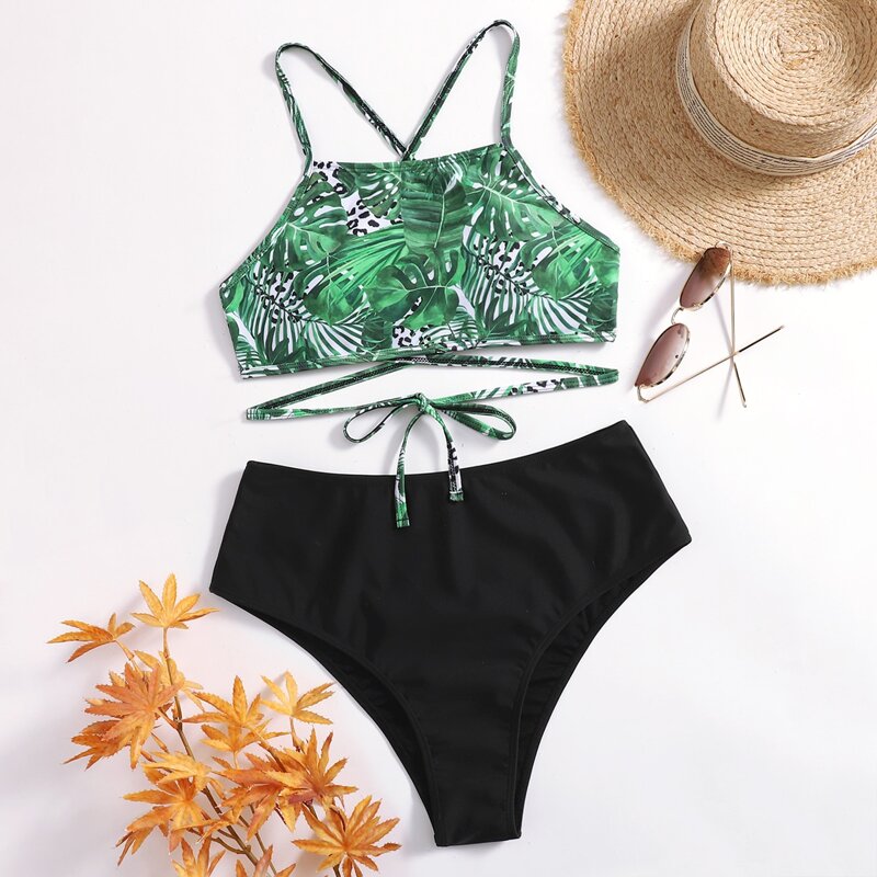

Leopard & Leaf Graphic High Waist Bikini Swimsuit, Multicolor