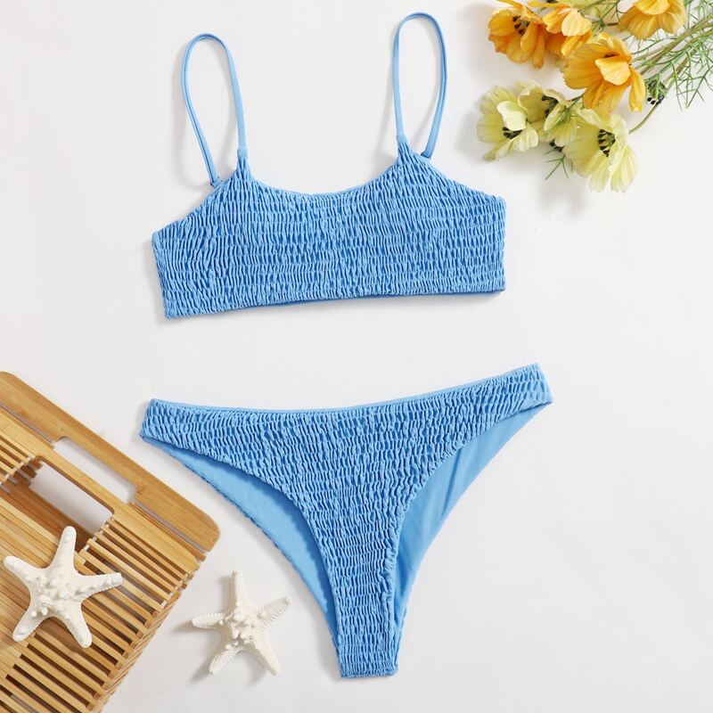 

Solid Shirred Bikini Swimsuit, Blue