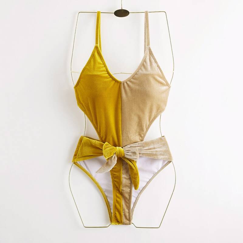 

Colorblock Tie Front Cut Out One Piece Swimsuit, Multicolor