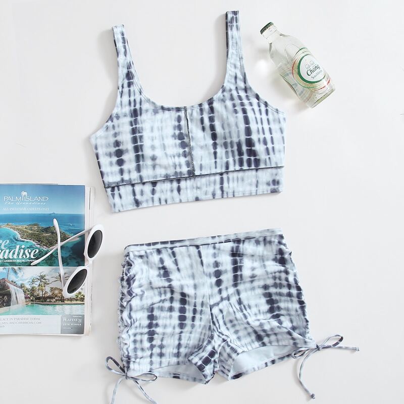 

Tie Dye Drawstring Bikini Swimsuit, Black and white