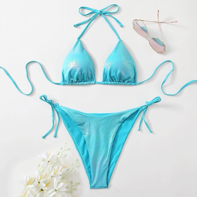 

Solid Crocodile Tie Side Bikini Swimsuit, Baby blue
