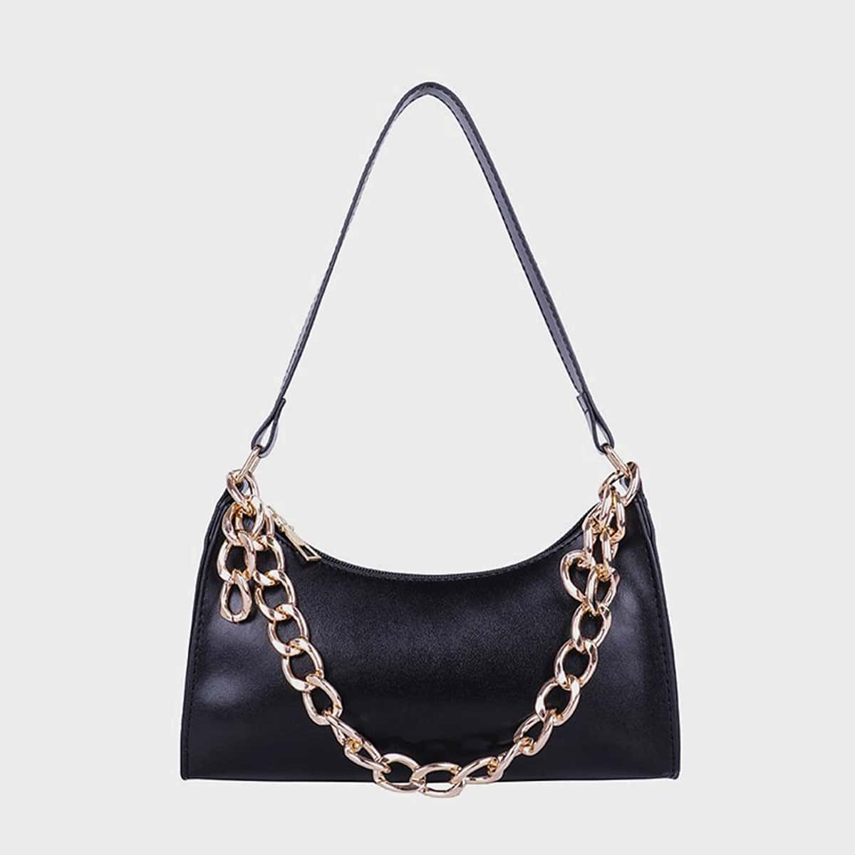 

Solid Chain Baguette Bag, Black