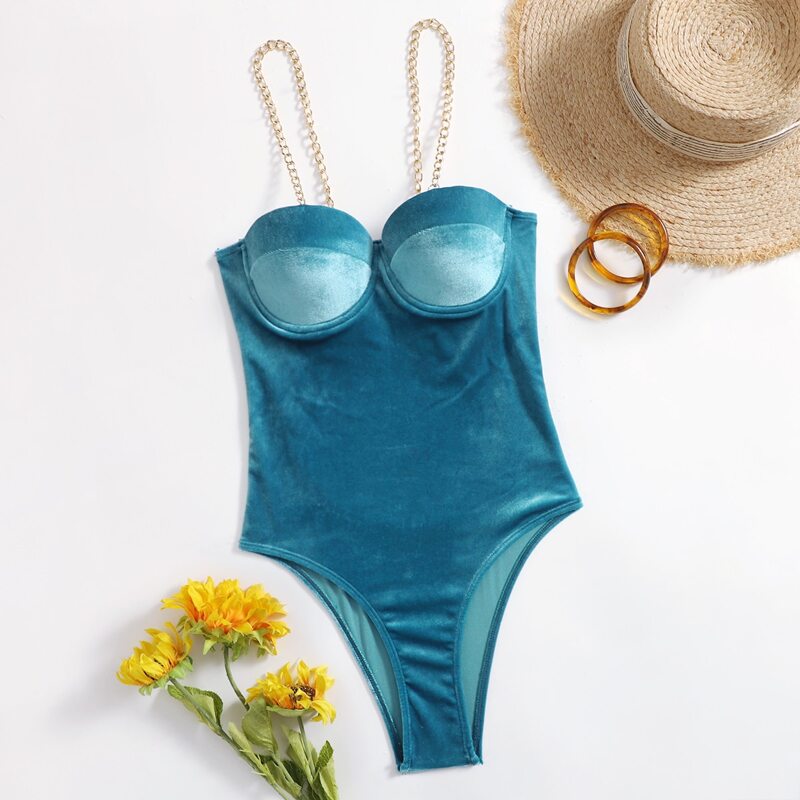 

Velvet Chain Push Up One Piece Swimsuit, Teal blue