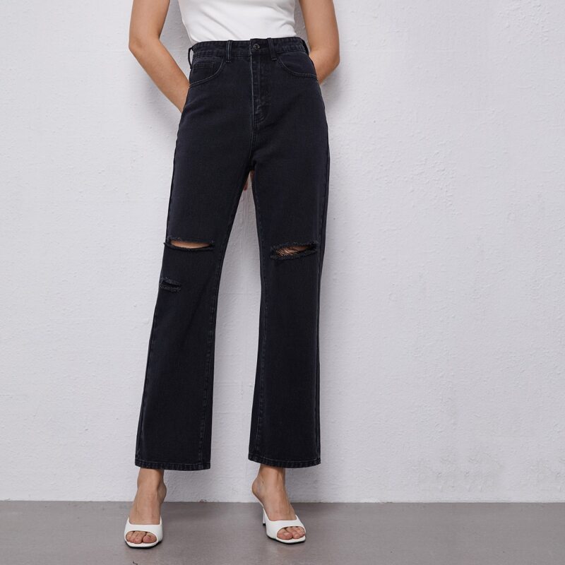 

High Waist Ripped Flare Leg Cropped Jeans, Black