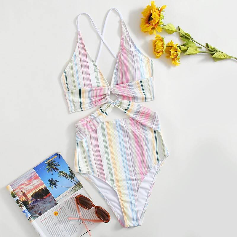 

Striped Cut Out One Piece Swimsuit, Multicolor