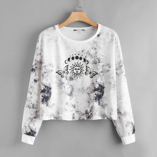 

Plus Butterfly And Tie Dye Print Drop Shoulder Sweatshirt, White