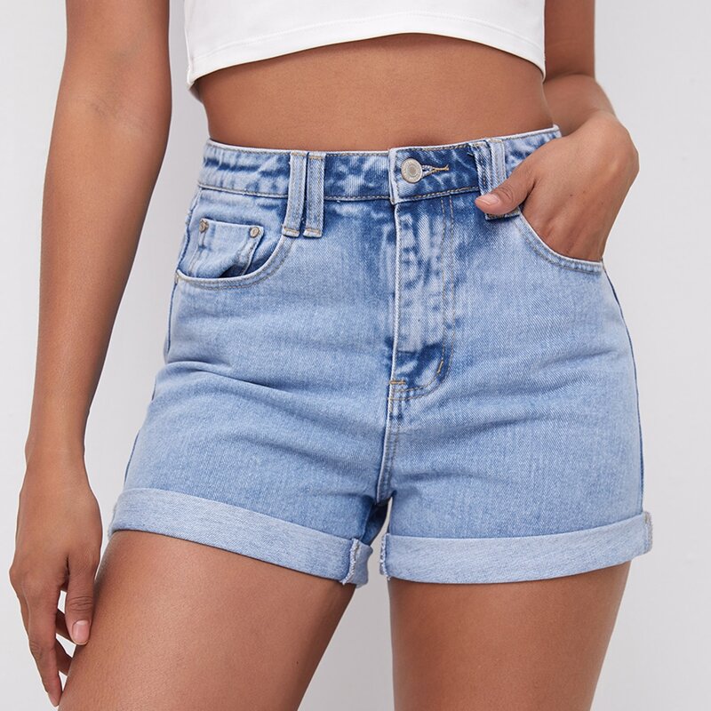 

High Waist Roll Hem Denim Shorts, Light wash