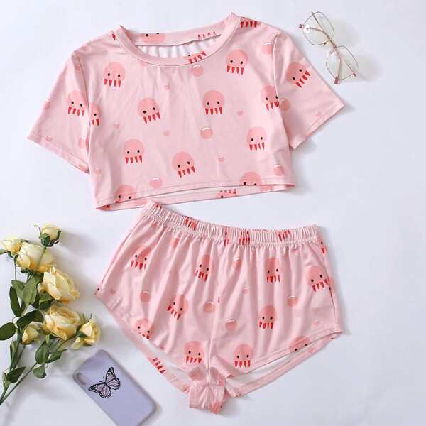 

Cartoon Graphic Pajama Set, Baby pink