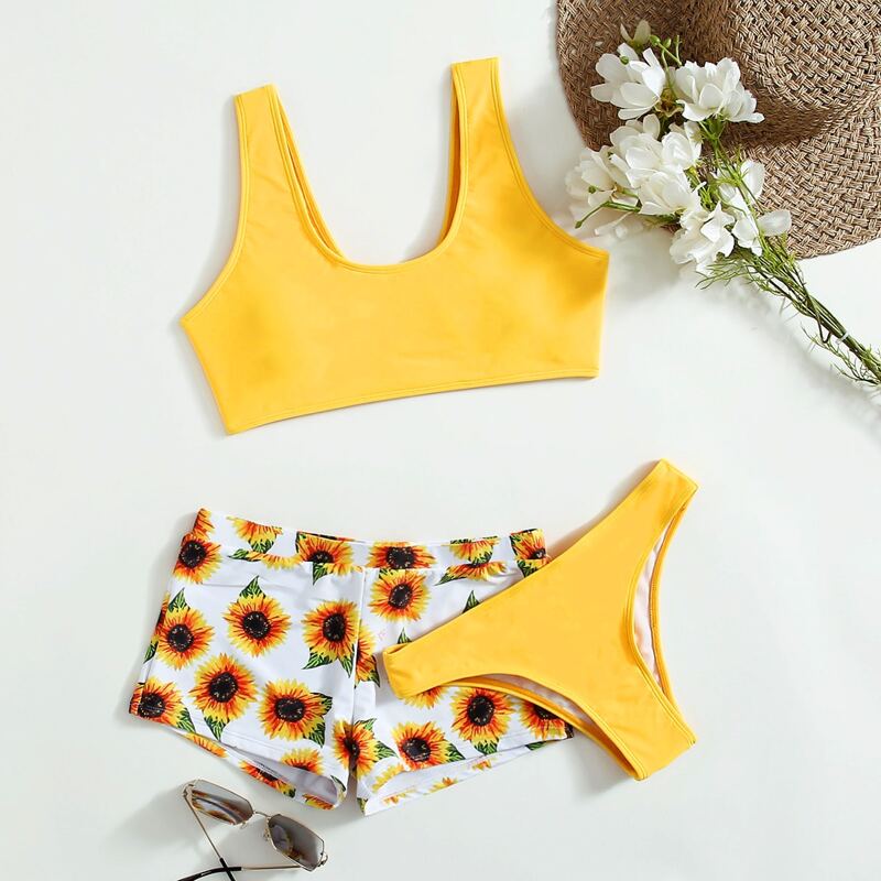 

3pack Sunflower Print Shorts Bikini Swimsuit, Yellow