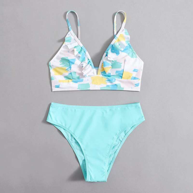 

All Over Print Ruffle Bikini Swimsuit, Multicolor