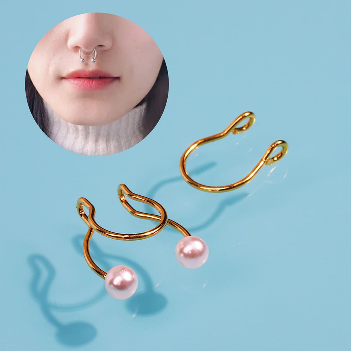 

2pcs Faux Pearl Nose Ring, Gold
