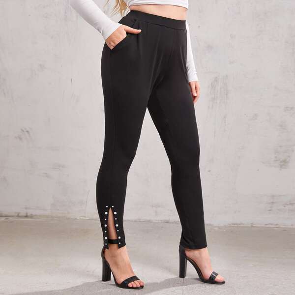 

Plus Slant Pocket Pearl Beaded Split Side Pants, Black