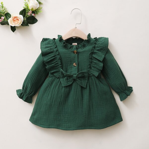 

Baby Girl Ruffle Trim Bow Front Dress, Dark green