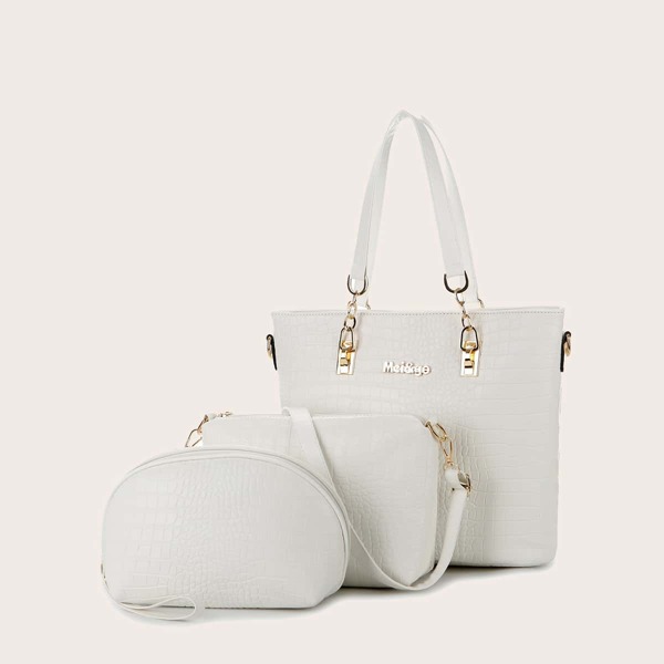 

3pcs Croc Embossed Tote Bag Set, White