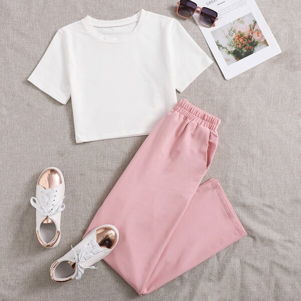 

Solid Crop Tee With Sweatpants, Multicolor