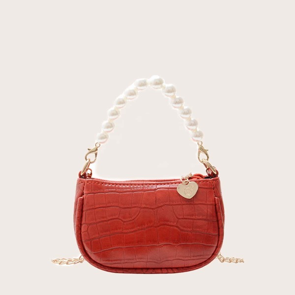 

Girls Faux Pearl Decor Satchel Bag, Red