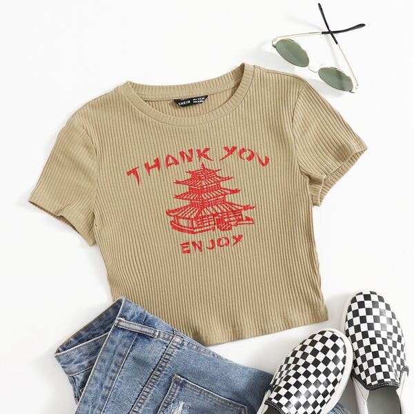 

Letter and Graphic Print Rib-knit Crop Tee, Khaki