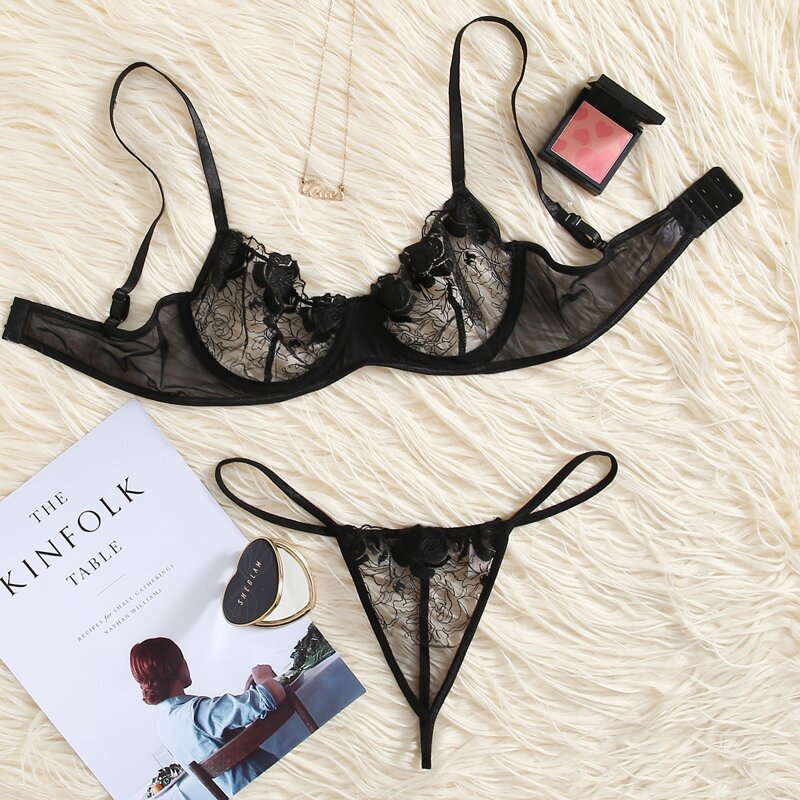 

Lace Floral Lingerie Set, Black